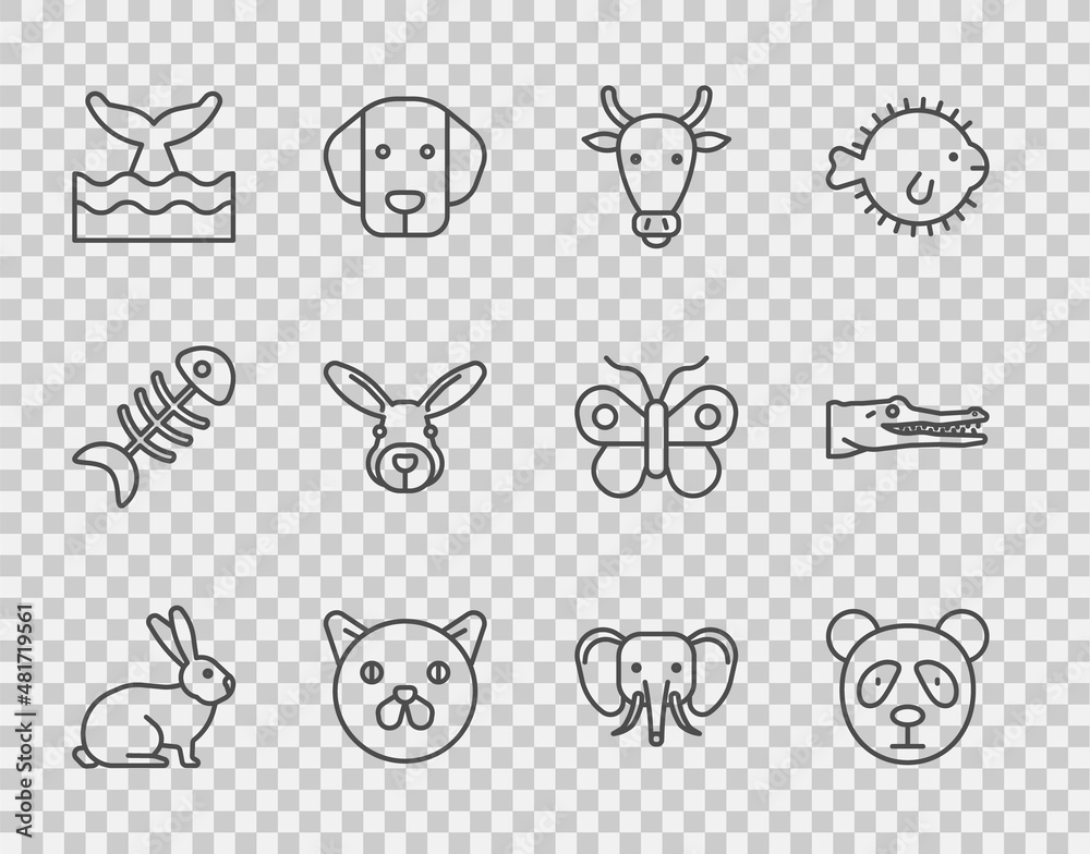 Set line Rabbit, Cute panda face, Cow head, Cat, Whale tail in ocean wave, Elephant and Crocodile ic