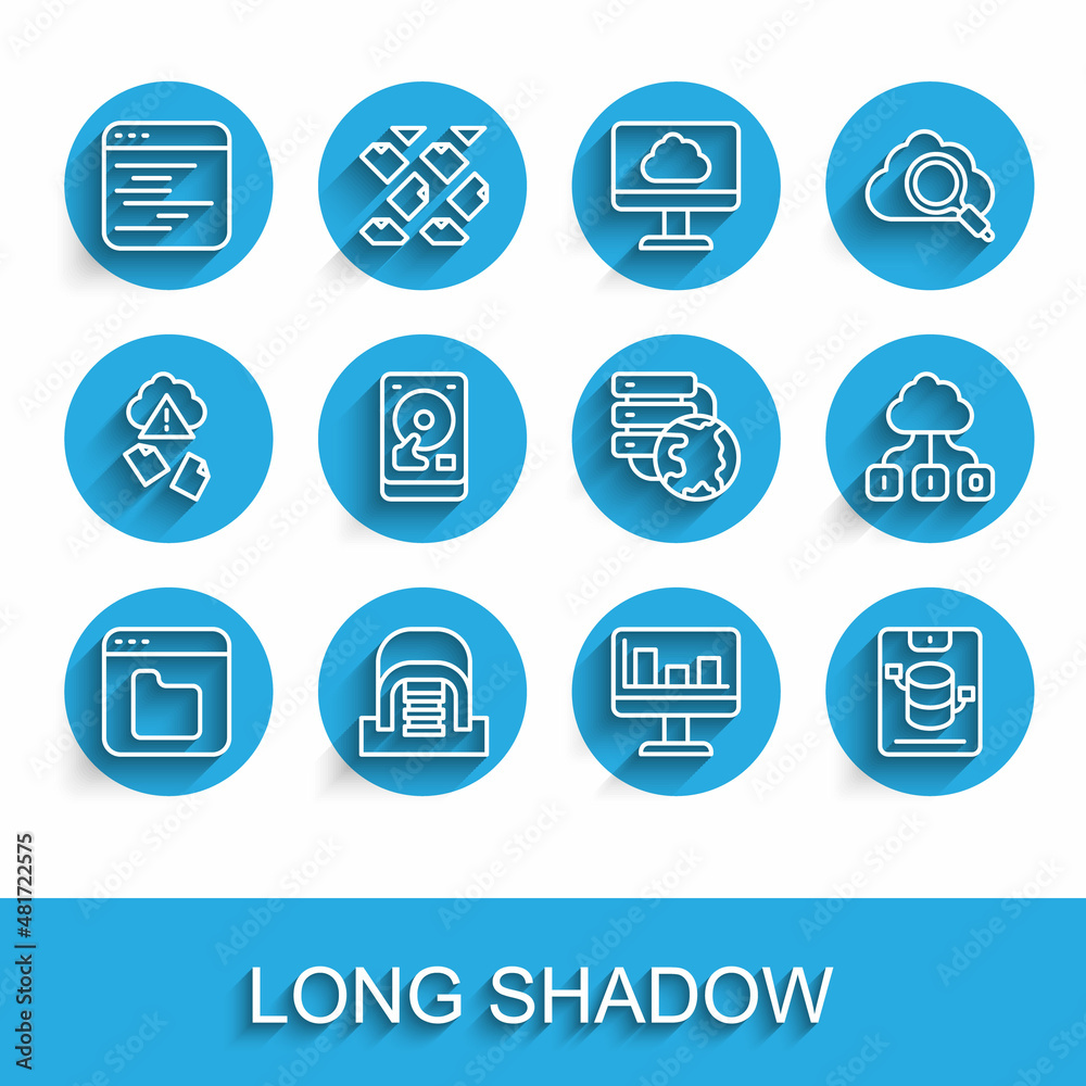 Set line Browser files, Hangar with servers, Software, Monitor graph chart, Server, Data, Web Hostin