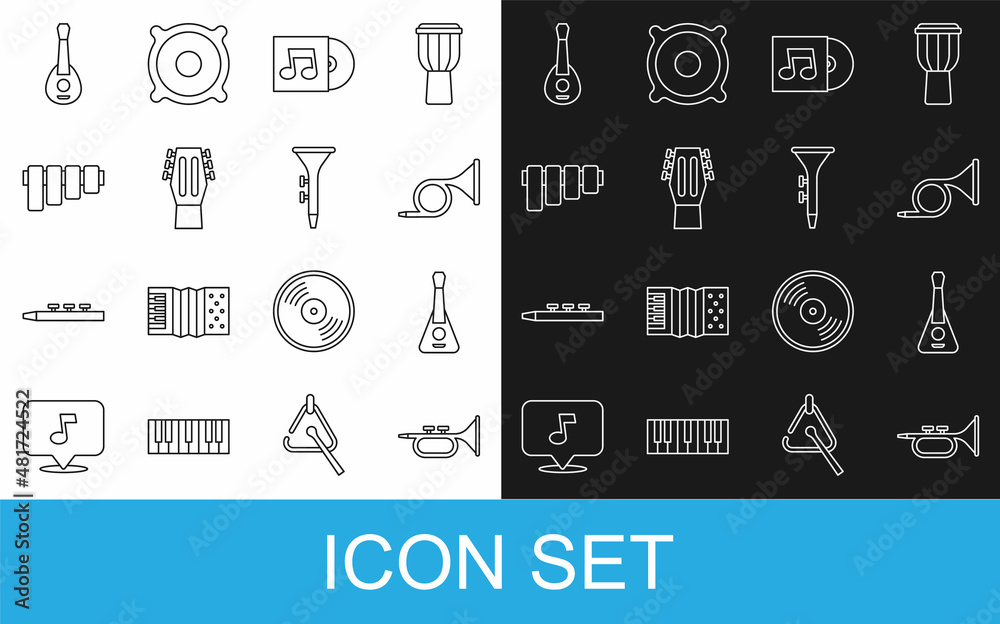 Set line Trumpet, Guitar, Vinyl disk, Pan flute, and Drum and drum sticks icon. Vector