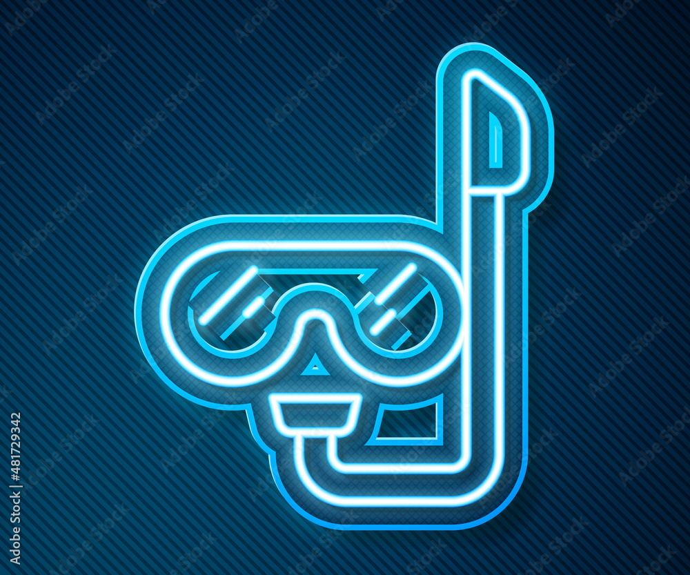 Glowing neon line Diving mask and snorkel icon isolated on blue background. Extreme sport. Diving un