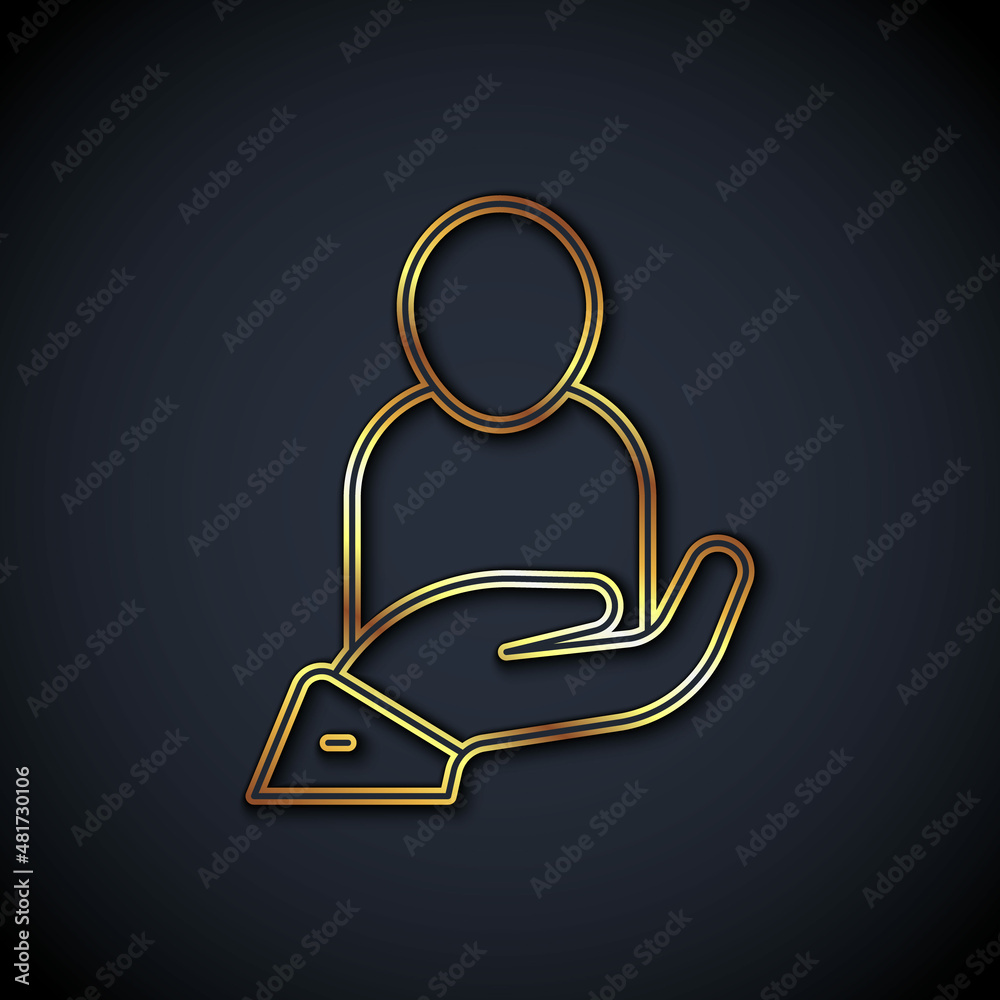 Gold line Life insurance in hand icon isolated on black background. Security, safety, protection, pr