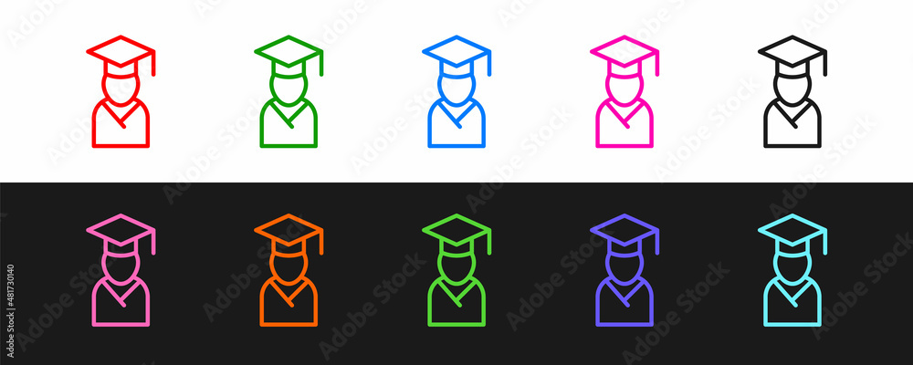 设置行毕业生和毕业帽图标隔离在黑白背景上。矢量