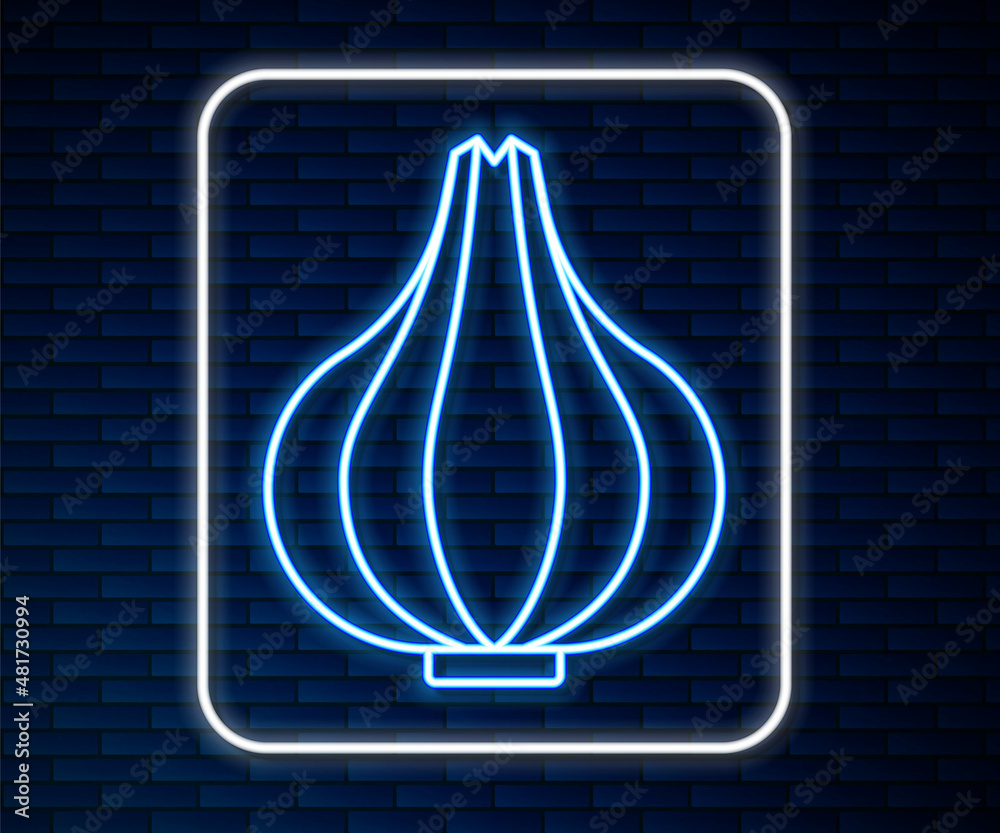 Glowing neon line Garlic icon isolated on brick wall background. Vector