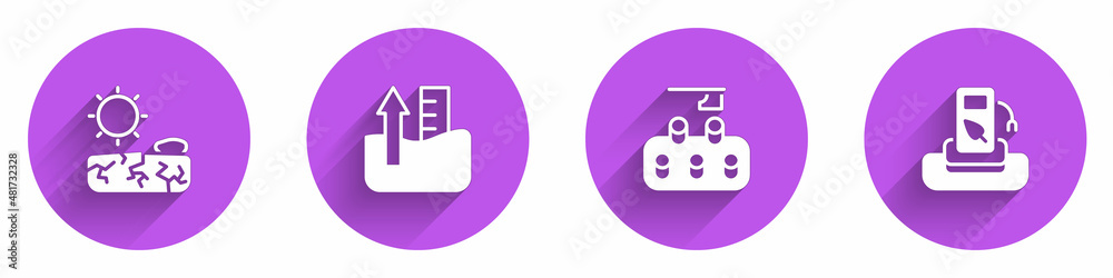 Set Drought, Rise in water level, Deforestation and Petrol gas icon with long shadow. Vector