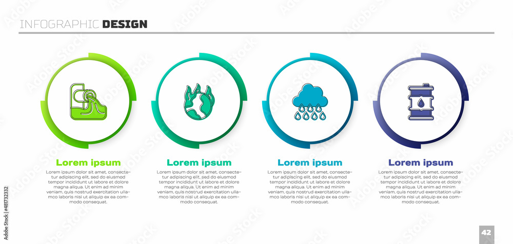 设置废水、全球变暖火灾、雨水云和桶油。商业信息图模板。