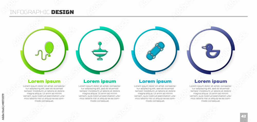设置气球，漩涡玩具，滑板和橡皮鸭。商业信息图模板。矢量