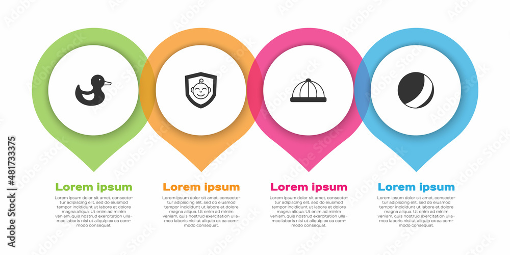 设置橡皮鸭、婴儿盾牌、帽子和沙滩球。商业信息图模板。矢量