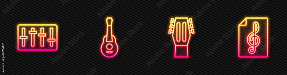 Set line Guitar, Sound mixer controller, and Treble clef. Glowing neon icon. Vector