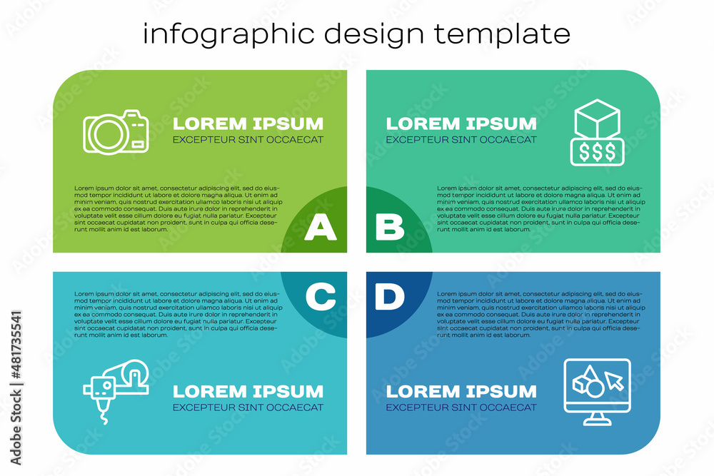 Set line 3D printer, Photo camera, software and services. Business infographic template. Vector