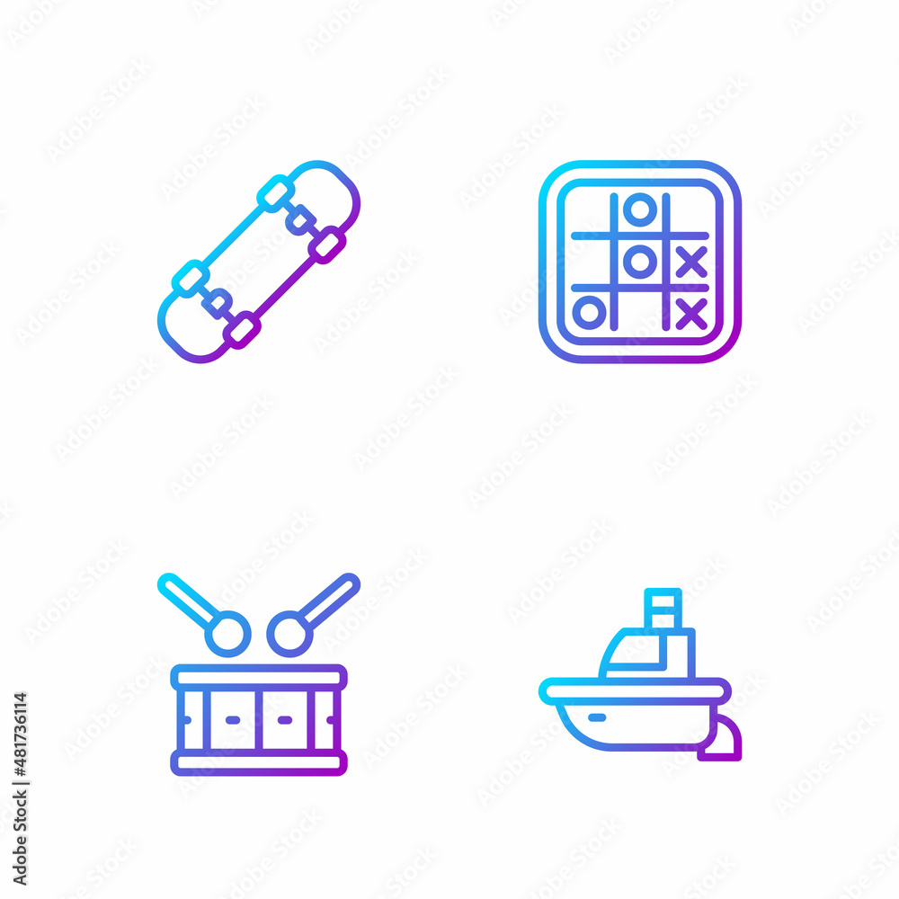 Set line Toy boat, Drum with drum sticks, Skateboard and Tic tac toe game. Gradient color icons. Vec