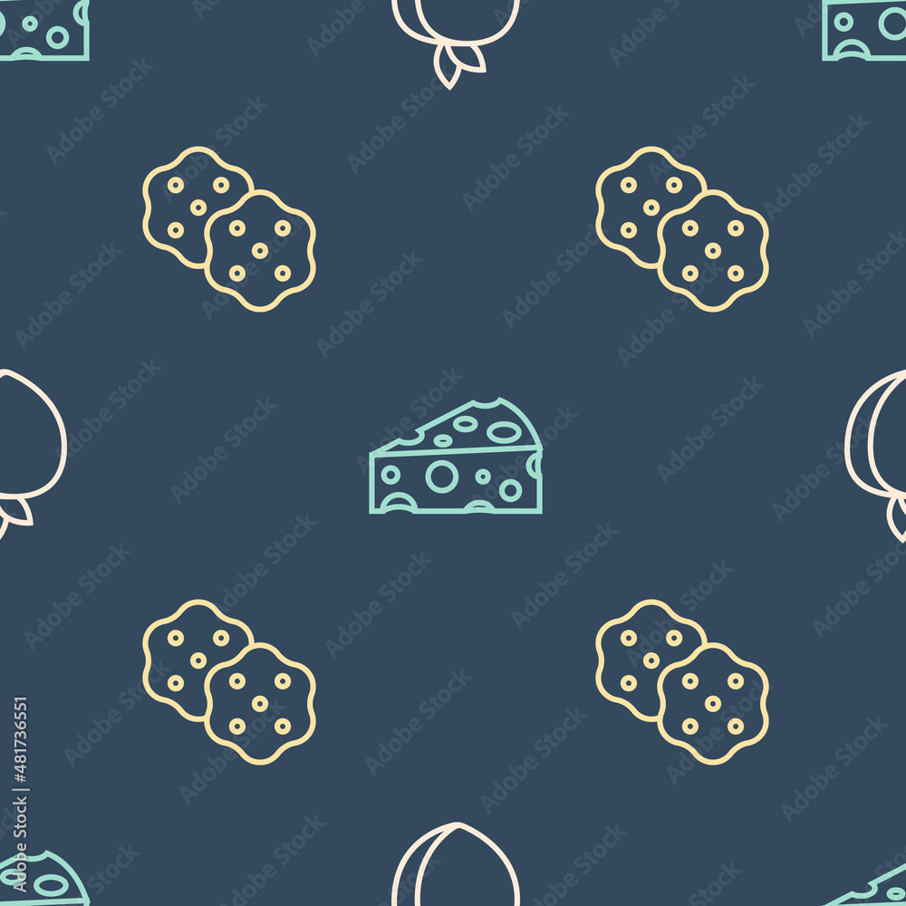 Set line Plum fruit, Cracker biscuit and Cheese on seamless pattern. Vector