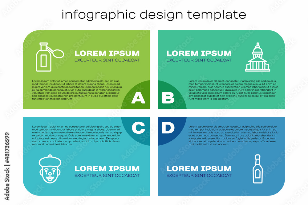 Set line French mime, Perfume, Champagne bottle and Museum building. Business infographic template. 