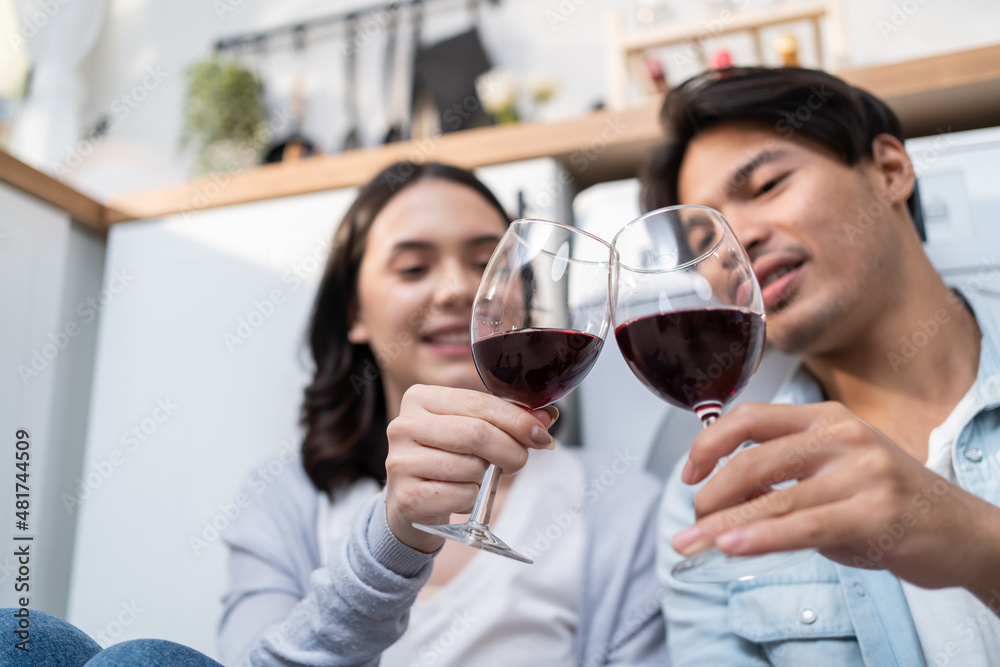 Asian young new marriage couple spend time together in kitchen at home. 