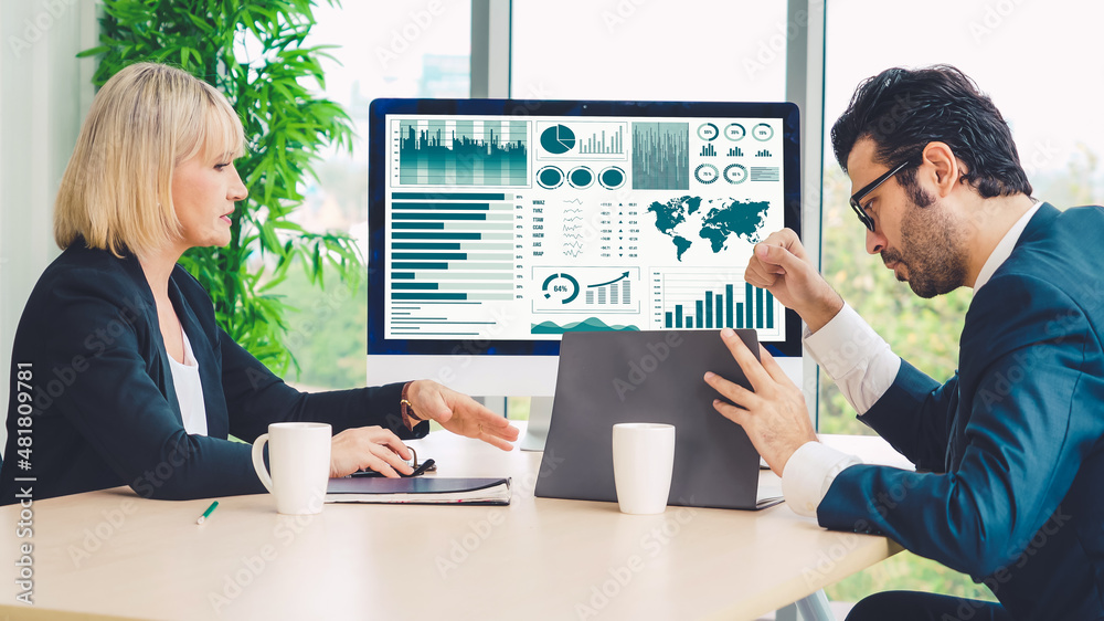 Business data dashboard analysis by ingenious computer software . Investment application display bus