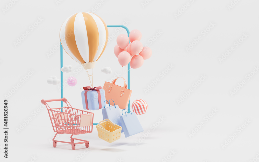 Shopping and gifts, shopping theme, 3d rendering.