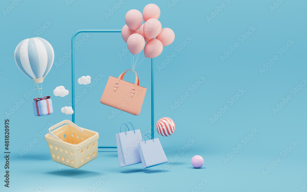 Shopping and gifts, shopping theme, 3d rendering.