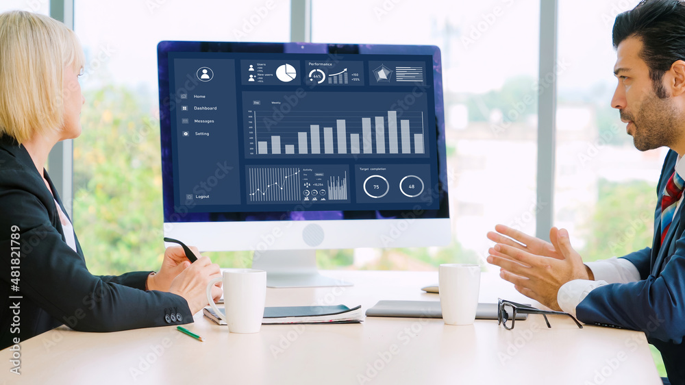 Business data dashboard analysis by ingenious computer software . Investment application display bus