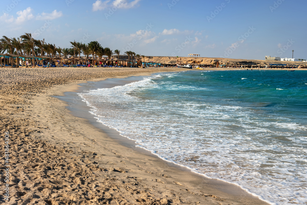 Sandy beach landscape of Abu Dabbab bay in southern Egypt on the Red Sea in wintertime