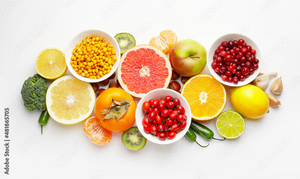 Different healthy products on white background