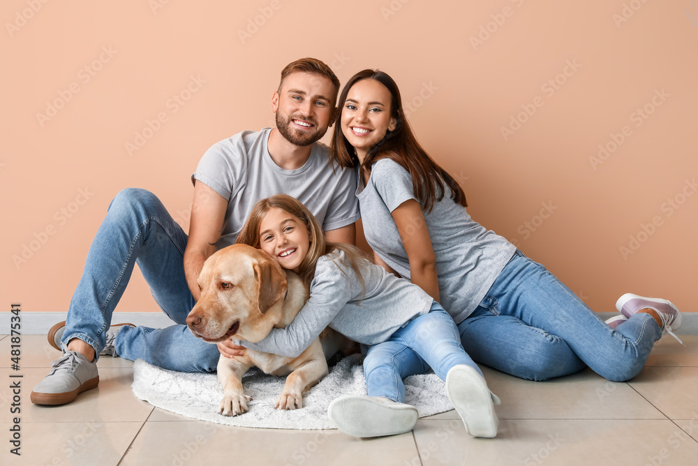 Happy parents with little daughter and funny Labrador dog near beige wall