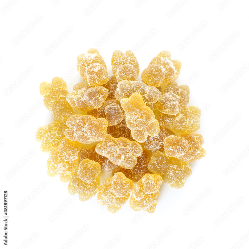 Heap of yellow jelly bears on white background