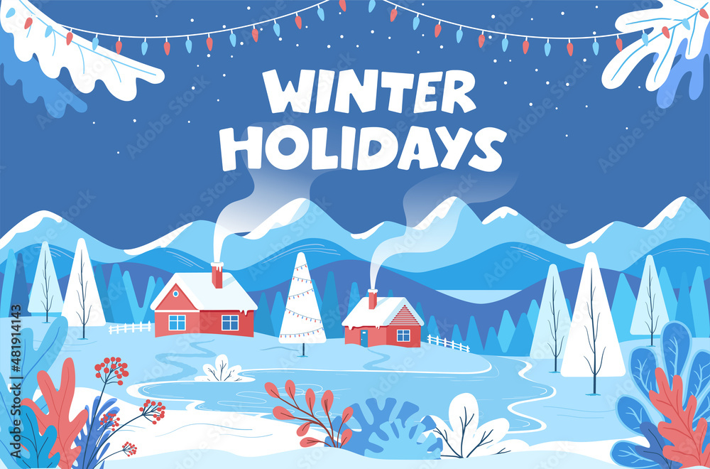 Winter color village and mountains landscape flat vector illustration