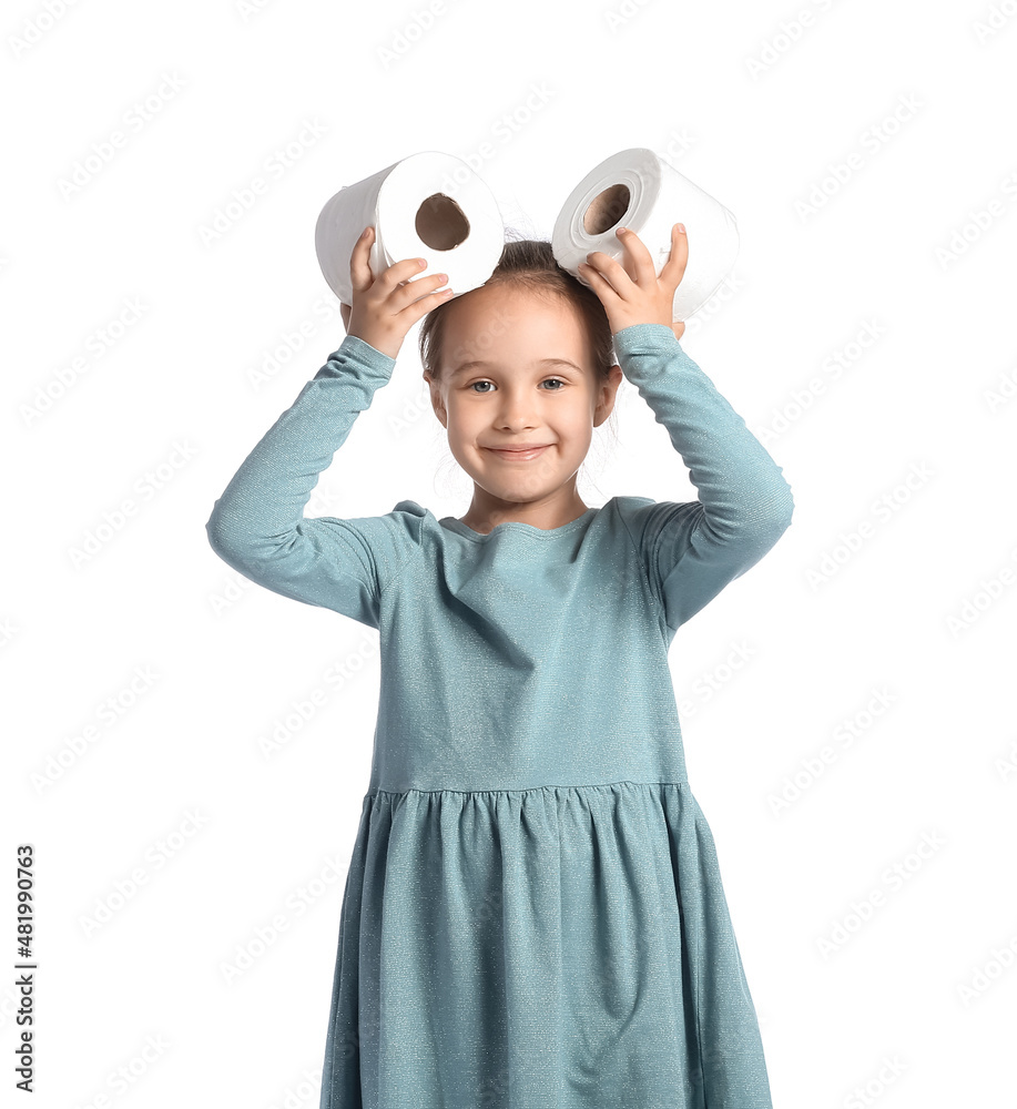 Funny little girl with rolls of toilet paper on white background