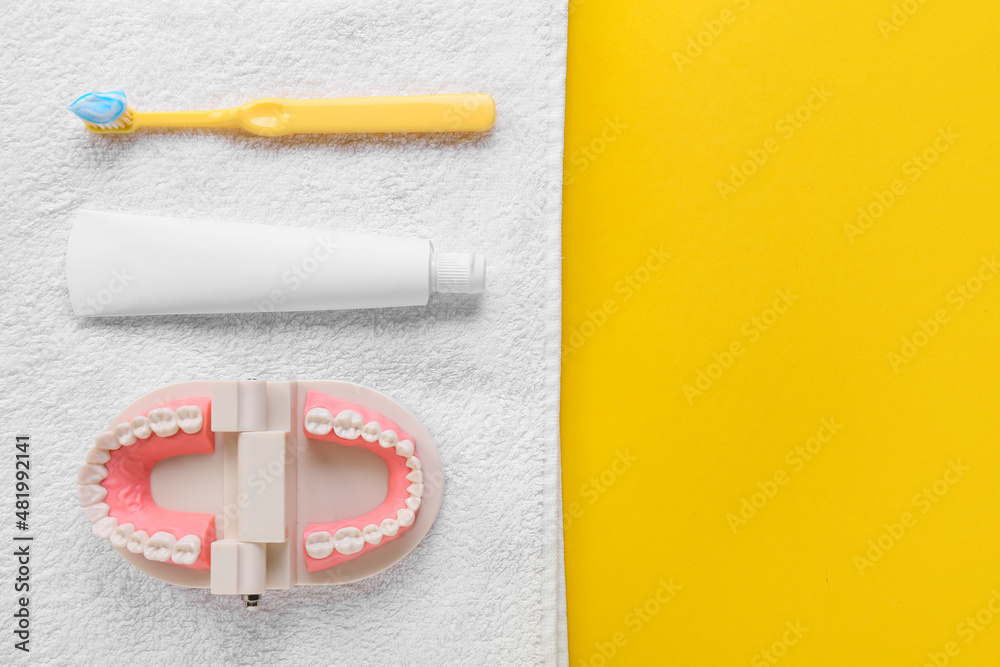 Tube with tooth paste, brush and model of jaw on yellow background