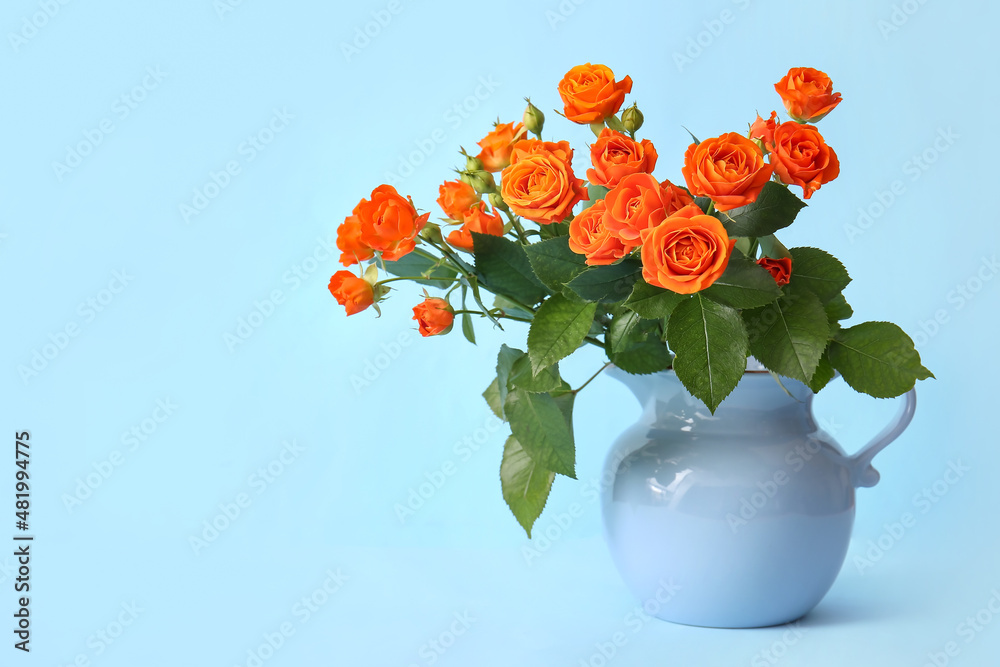 Jug with beautiful orange roses on blue background