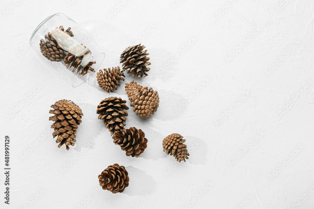 Glass jar with pine cones on light background