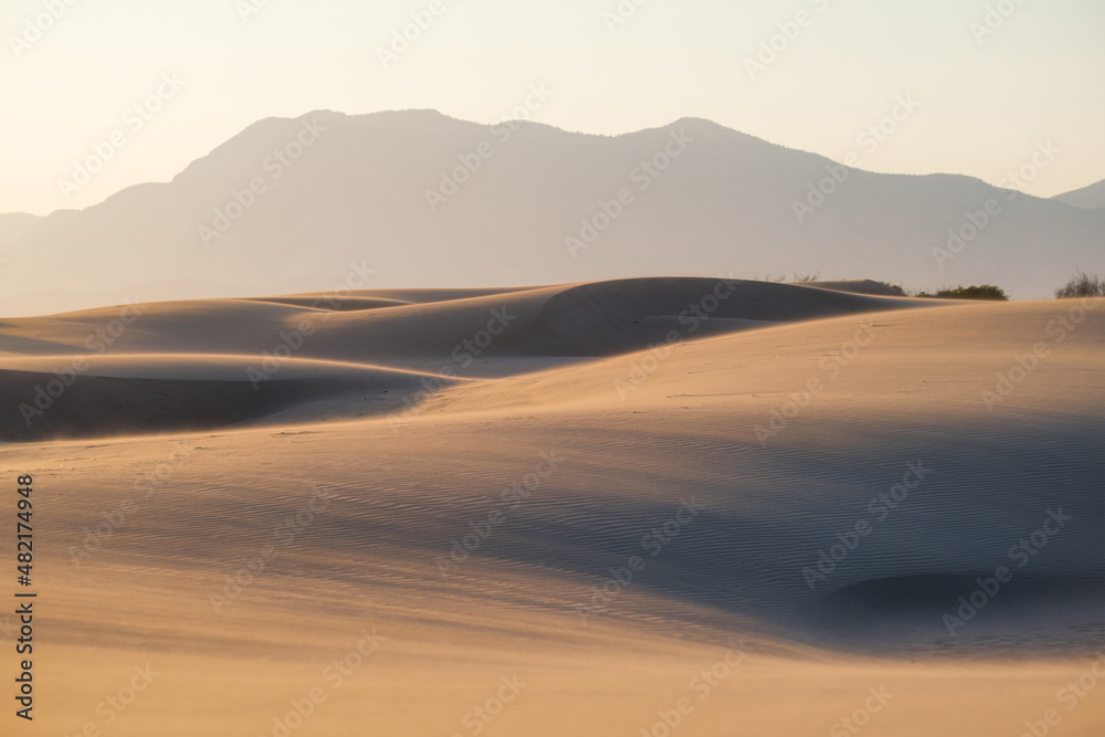 The sand dunes during sunset and strong wind. Summer landscape in the desert. Hot weather. Lines in 