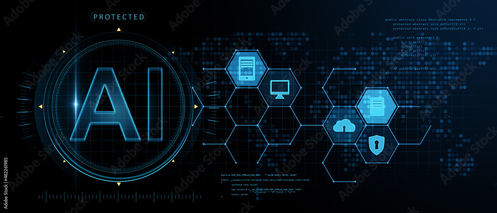 模糊背景下闪耀的宽AI全息图。人工智能、创新和科学内涵