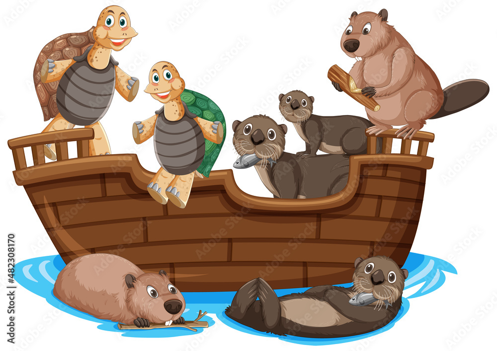 Wild animals on wooden boat in cartoon style