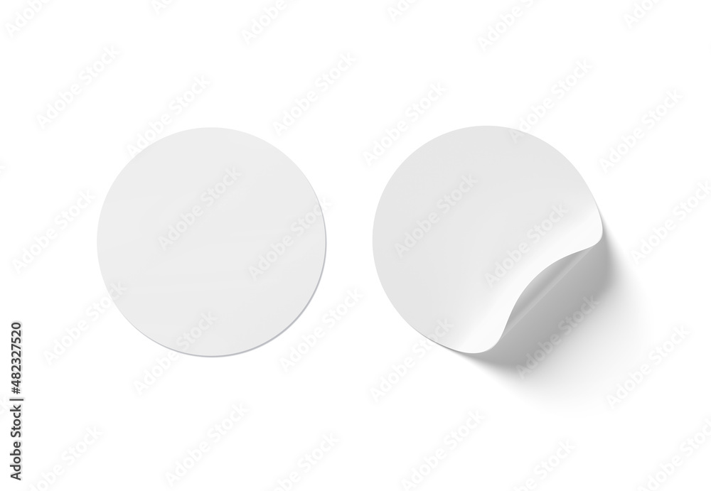 Sticker mockup with curled corner isolated on white background. Circular adhesive label with bent si