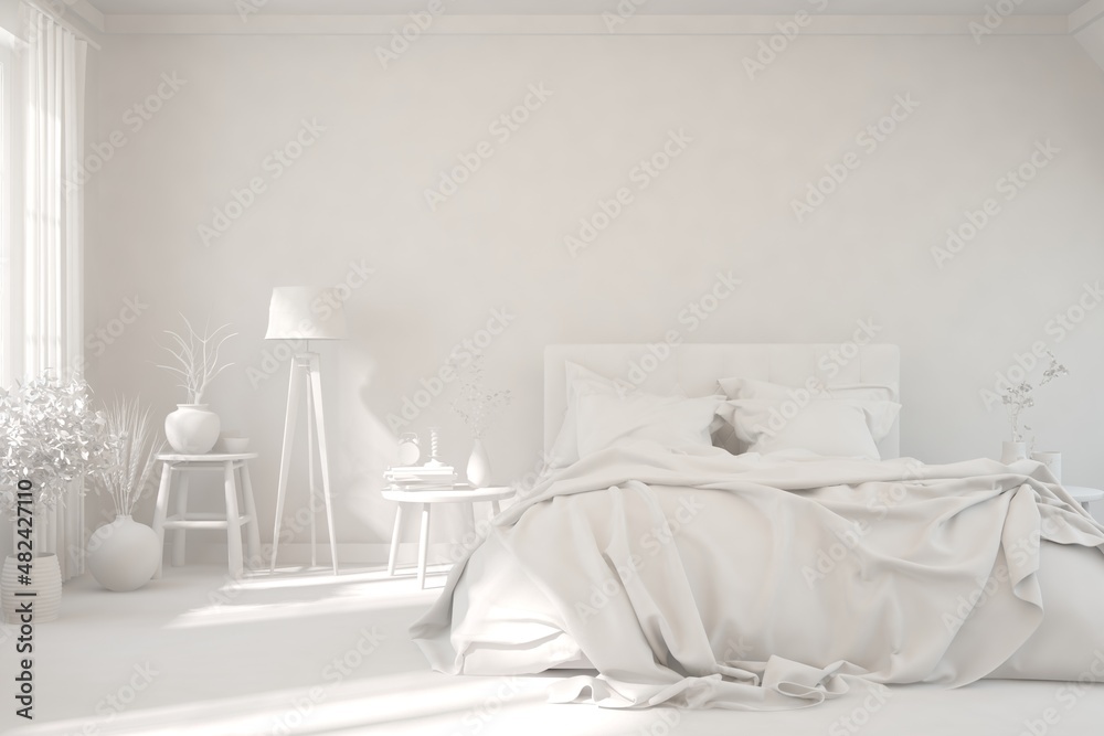 Modern bedroom in white color. Scandinavian interior design. 3D illustration