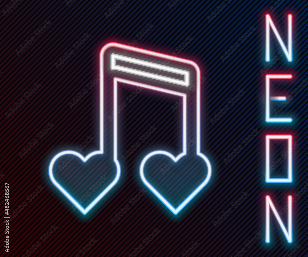 Glowing neon line Music note, tone with hearts icon isolated on black background. Happy Valentines d