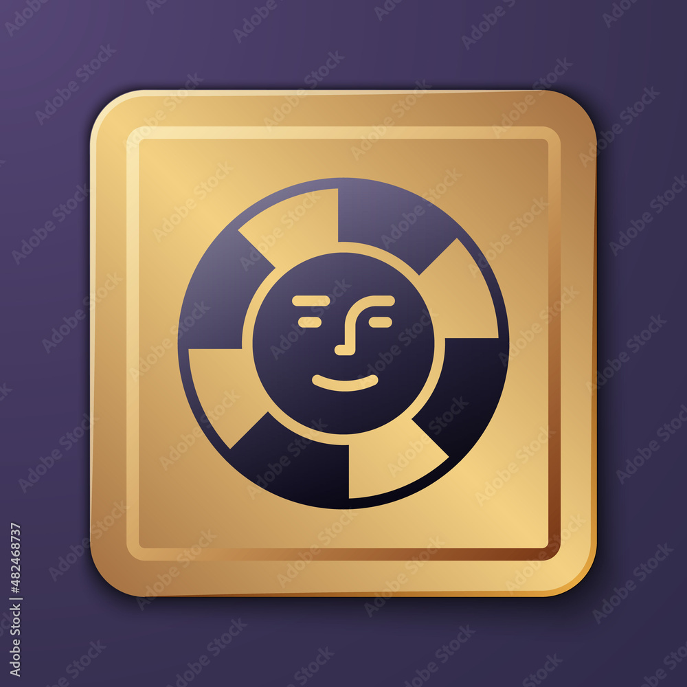 Purple Sun icon isolated on purple background. Gold square button. Vector