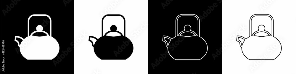 Set Kettle with handle icon isolated on black and white background. Teapot icon. Vector