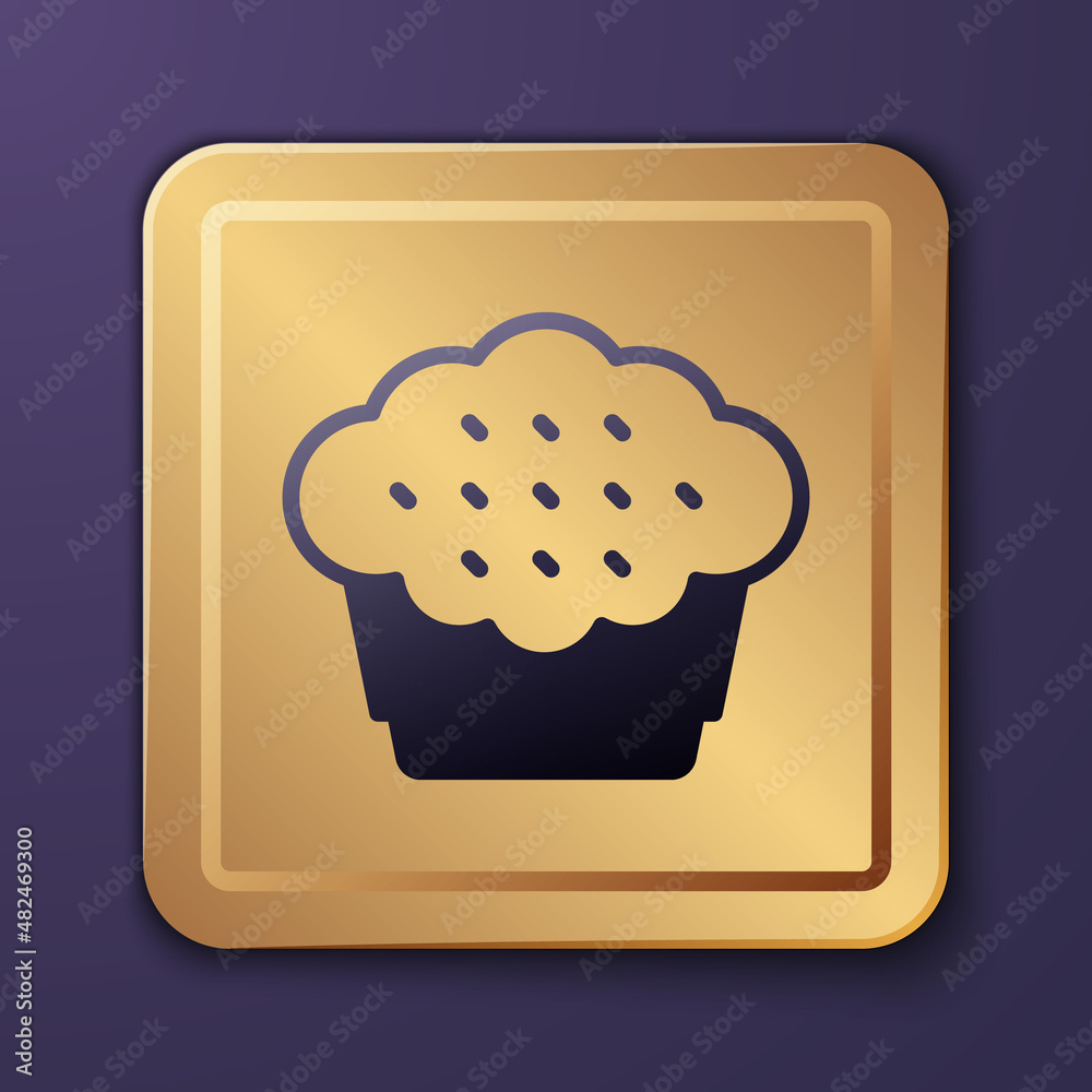 Purple Muffin icon isolated on purple background. Gold square button. Vector