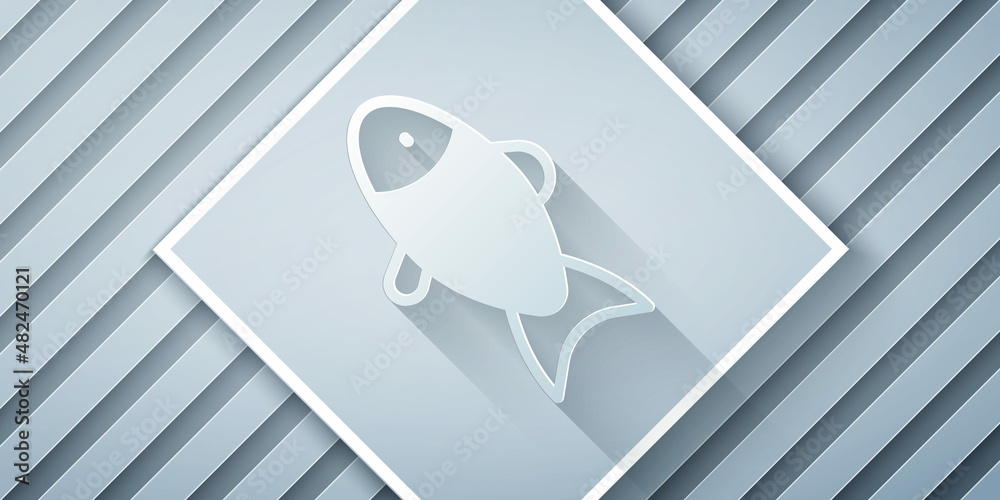 Paper cut Fish icon isolated on grey background. Paper art style. Vector