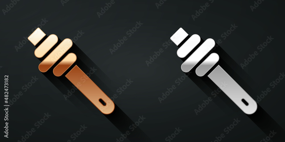 Gold and silver Honey dipper stick icon isolated on black background. Honey ladle. Long shadow style