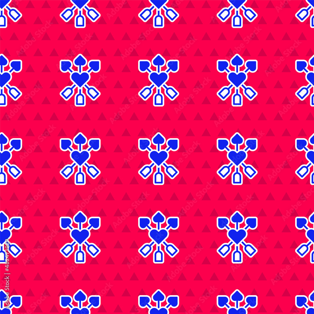 Blue Amour symbol with heart and arrow icon isolated seamless pattern on red background. Love sign. 