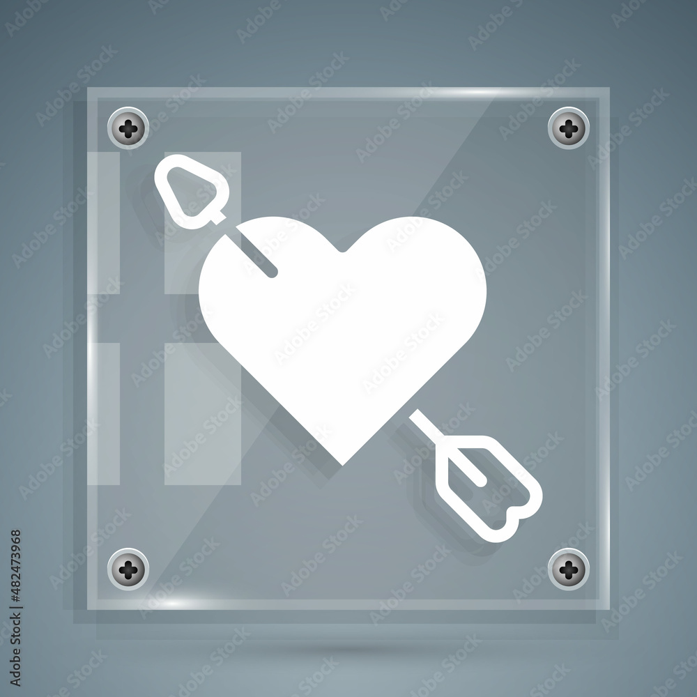 White Amour symbol with heart and arrow icon isolated on grey background. Love sign. Happy Valentine