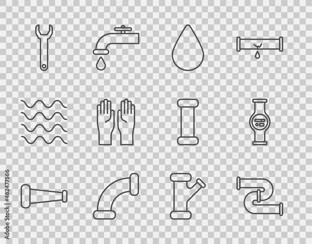 Set line Industry metallic pipe, Water drop, Wrench spanner, Rubber gloves, and meter icon. Vector