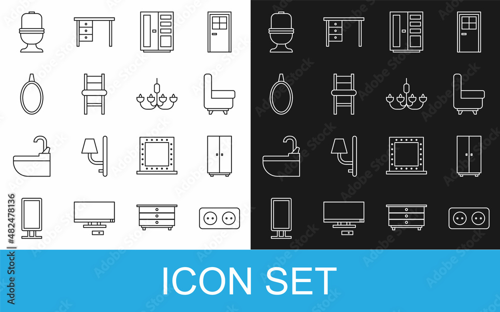 Set line Electrical outlet, Wardrobe, Armchair, Chair, Mirror, Toilet bowl and Chandelier icon. Vect