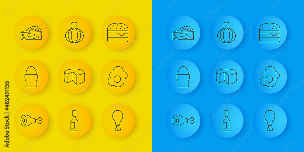 Set line Chicken leg, egg on stand, Cheese, Scrambled, Burger and Onion icon. Vector