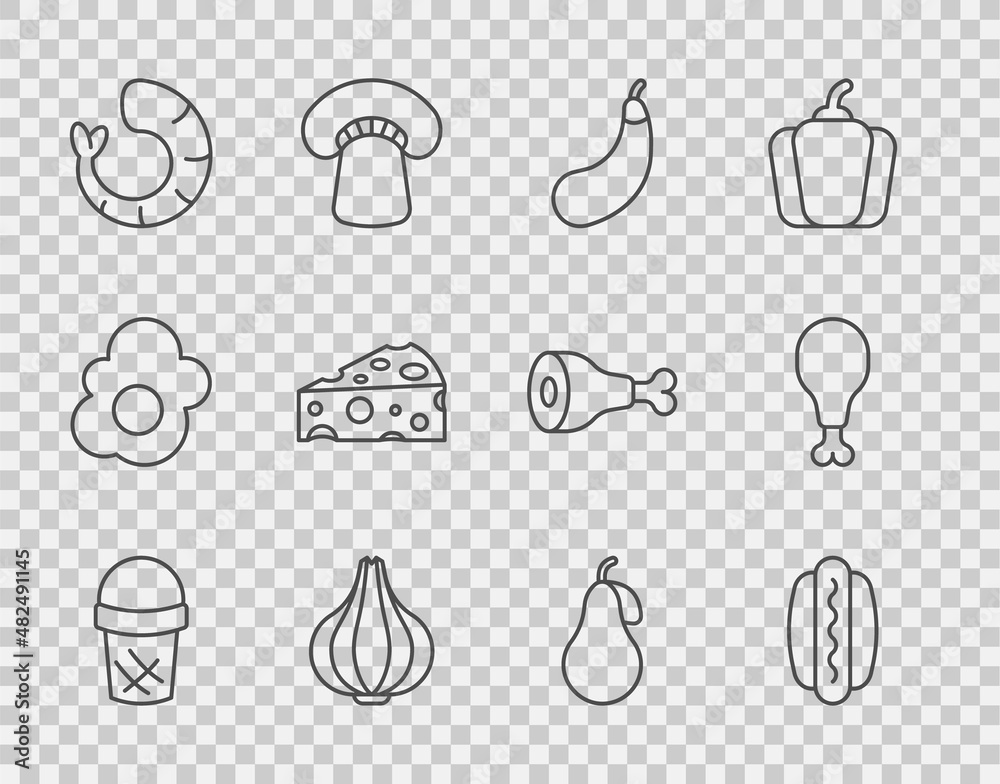 Set line Ice cream in waffle, Hotdog, Eggplant, Garlic, Shrimp, Cheese, Pear and Chicken leg icon. V