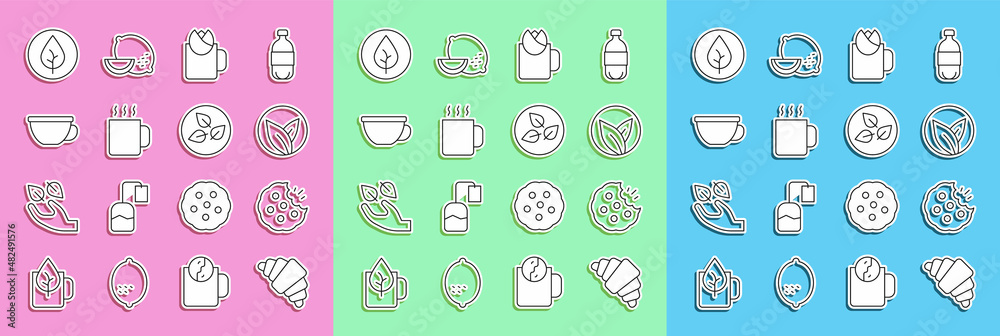 Set line Croissant, Cookie or biscuit, Tea leaf, Cup of tea with rose, and icon. Vector