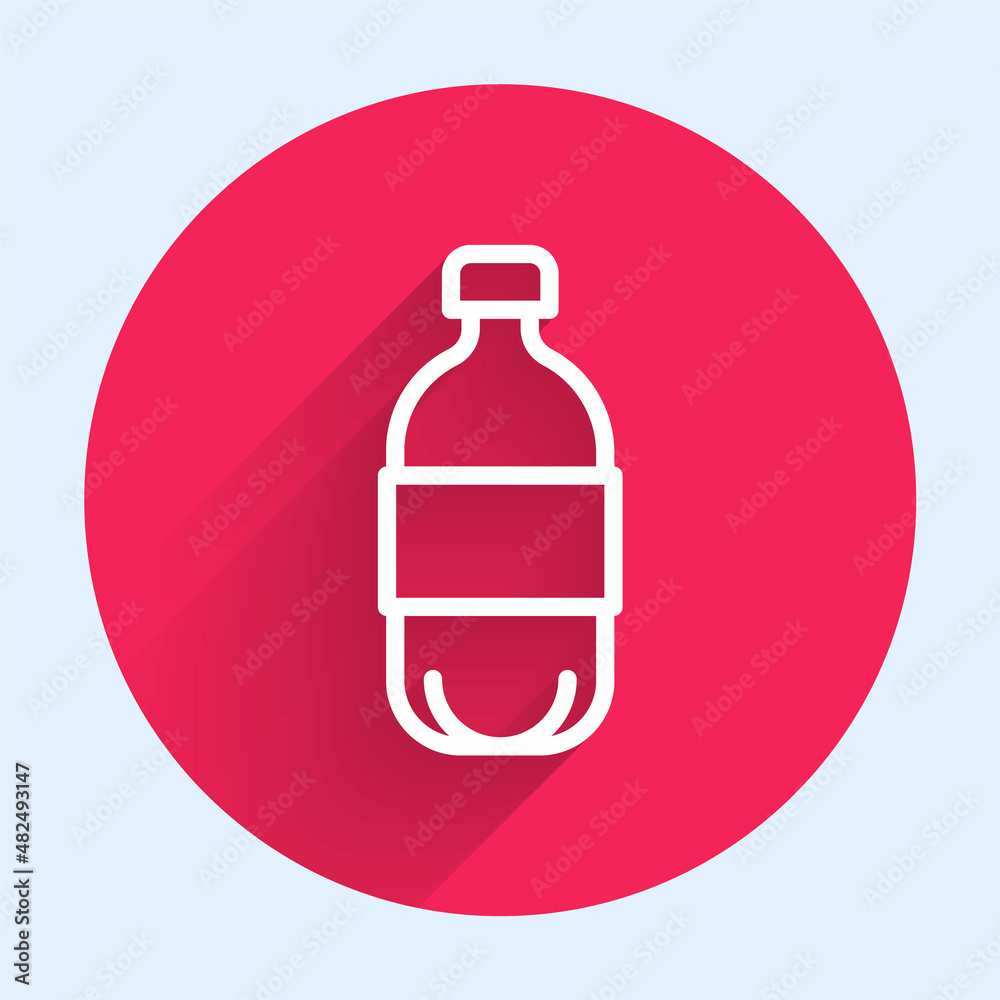 White line Bottle of water icon isolated with long shadow background. Soda aqua drink sign. Red circ