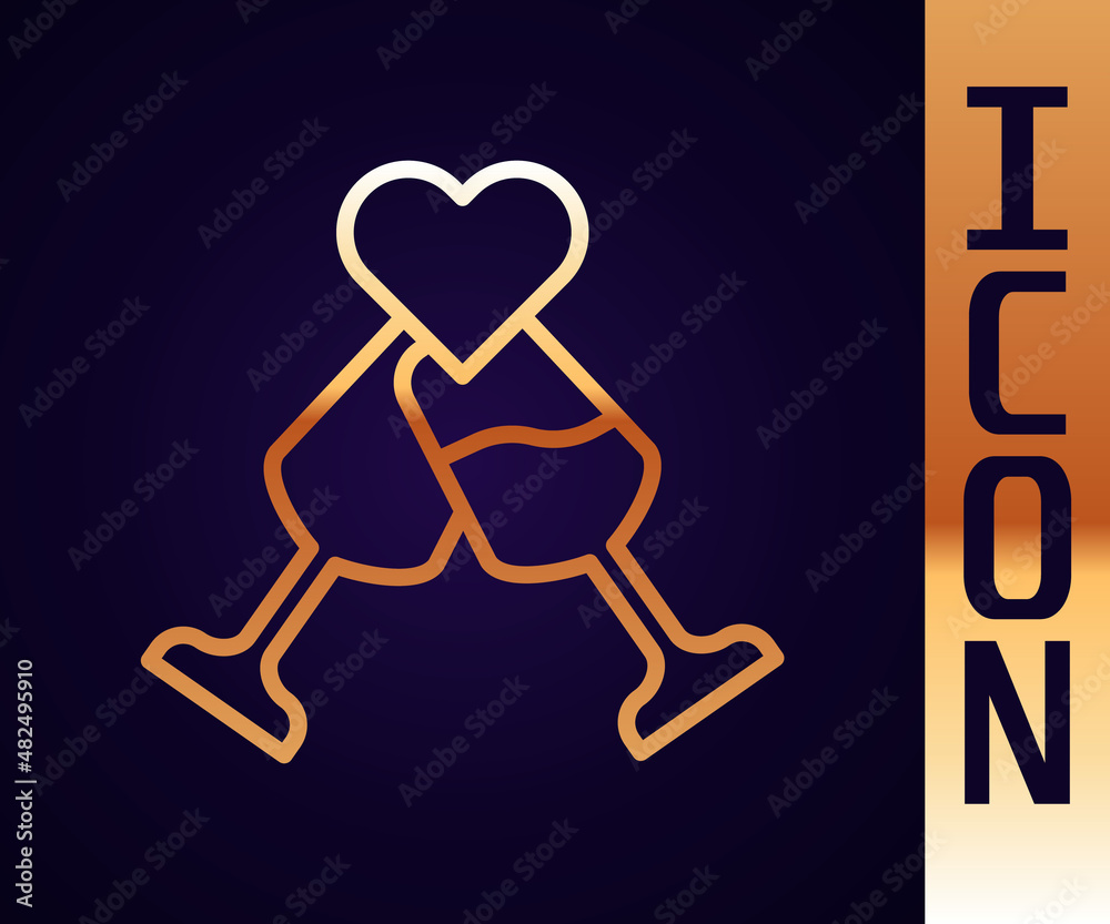 Gold line Glass of champagne icon isolated on black background. Happy Valentines day. Vector